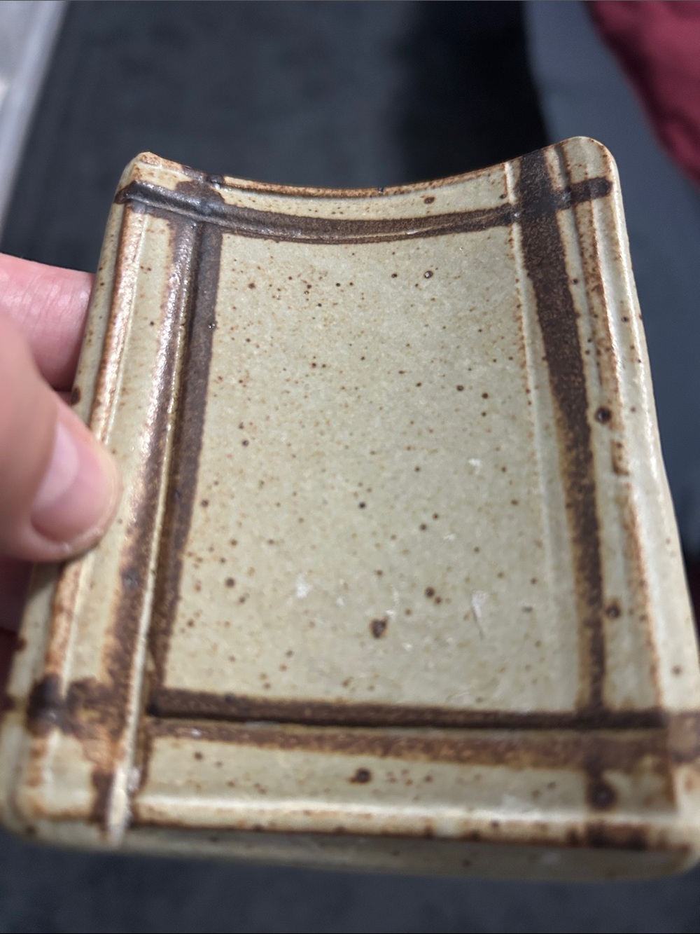 This is a  handmade studio pottery dish, rectangular shape raised on 4 feet ‘95